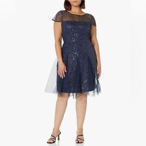 NWT- JS Collections Women's Alyssa Godet Cocktail Dress, navy blue, size 2